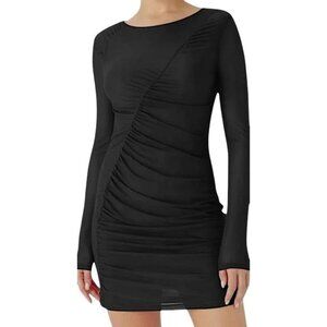 Halara Long Sleeve Ruched Sheer Knee Length Dress Sz Small Womens Black